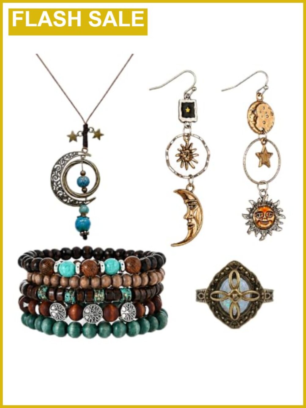 4Pc Boho Jewelry Set Necklace Earrings Beaded Bracelet Ring Alloy
